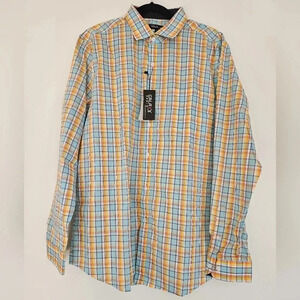 GALAXY Mens Plaid Long Sleeve Button Up Blue Yellow Orange Casual Size L‎ NWT